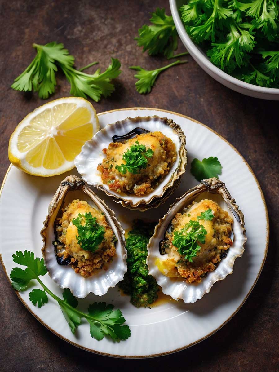 Serving air fryer oysters rockefeller with lemon wedges and parsley