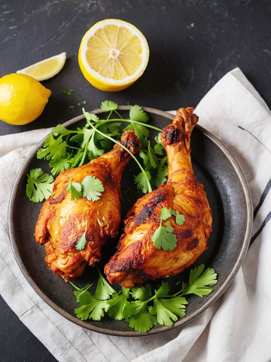 Air fryer tandoori chicken legs garnished with cilantro and lemon wedges
