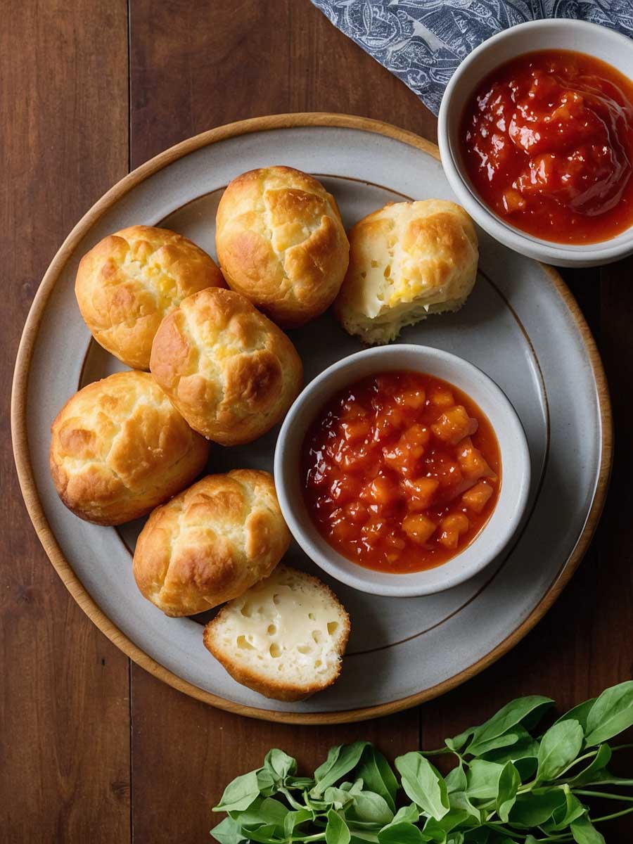Serving air fried Trader Joe's Brazilian Cheese Bread with sides
