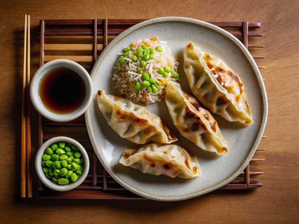 Serving cooked gyoza with various sides on a plate