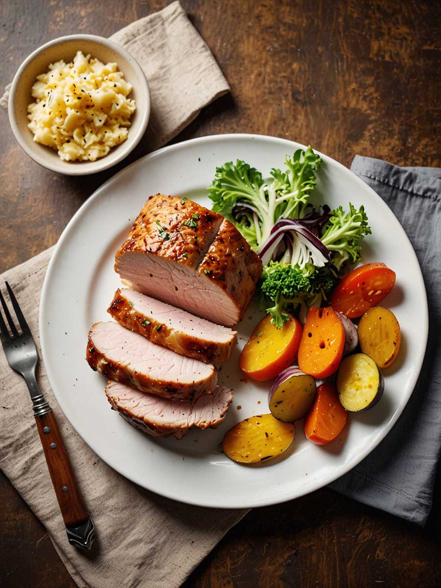 Serving stuffed pork tenderloin with roasted vegetables, mashed potatoes, and salad