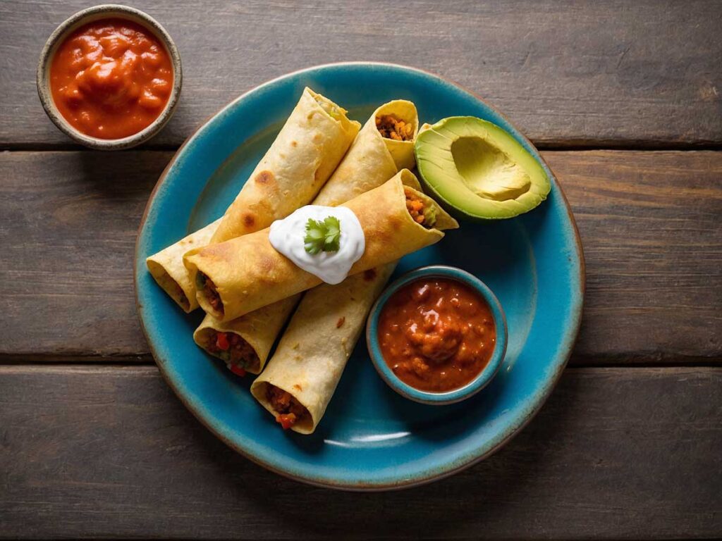Serving crispy Jose Ole taquitos with dipping sauces