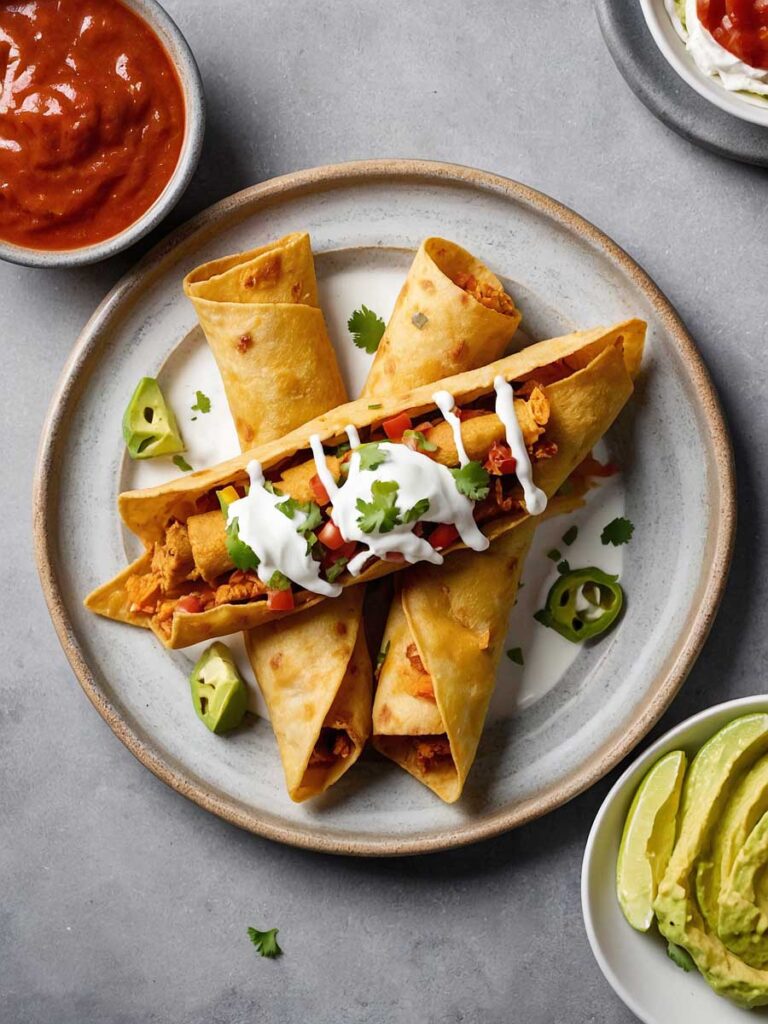 Serving taquitos with salsa, guacamole, and sour cream