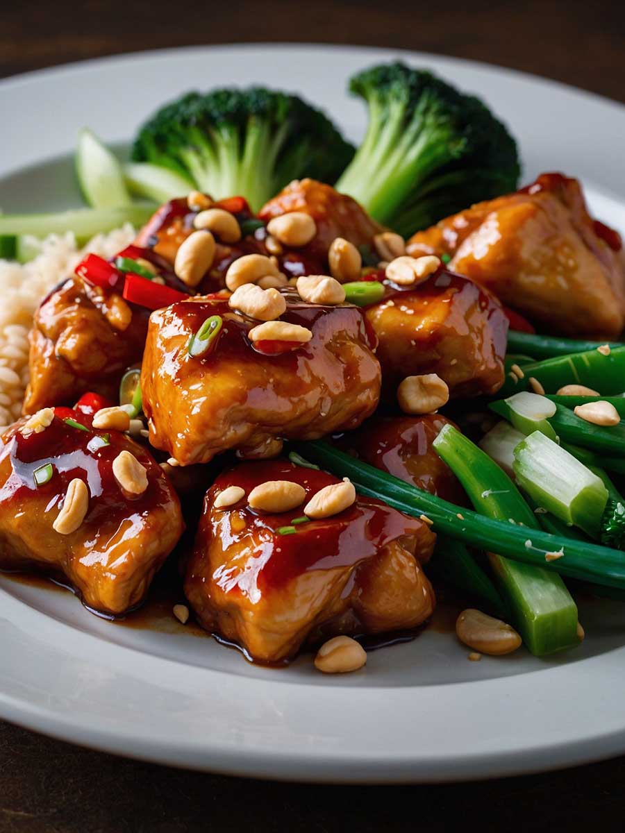 Serving Trader Joe’s Kung Pao Chicken with vegetables, peanuts, sesame seeds, and green onions