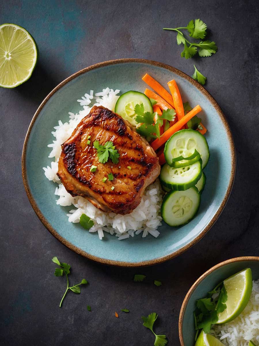 Serving air fryer Vietnamese pork chops with steamed rice, pickled vegetables, and cucumber salad