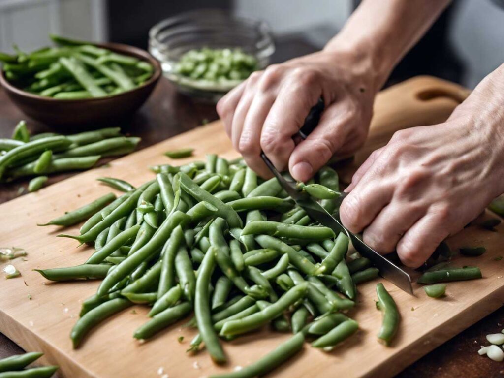 Trimming fresh green beans on a cutting board