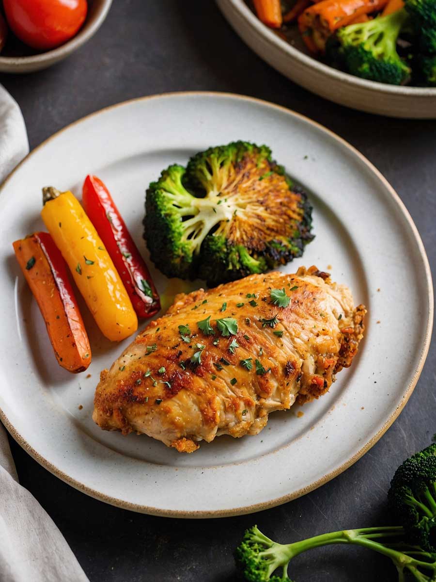 Air fried stuffed chicken breast with roasted vegetables on a white plate