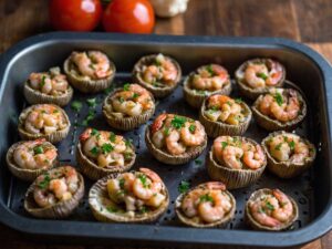 Arranging shrimp stuffed mushrooms in air fryer