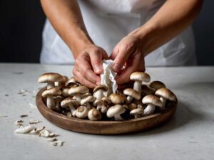 Cleaning button mushrooms with a damp paper towel