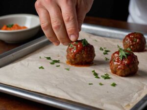 Forming turkey meatballs on a tray