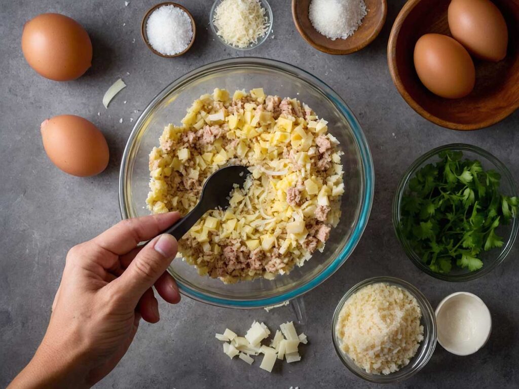 Mixing ground turkey with breadcrumbs, egg, onion, garlic, and seasonings