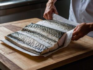 Patting barramundi fillets dry with paper towels