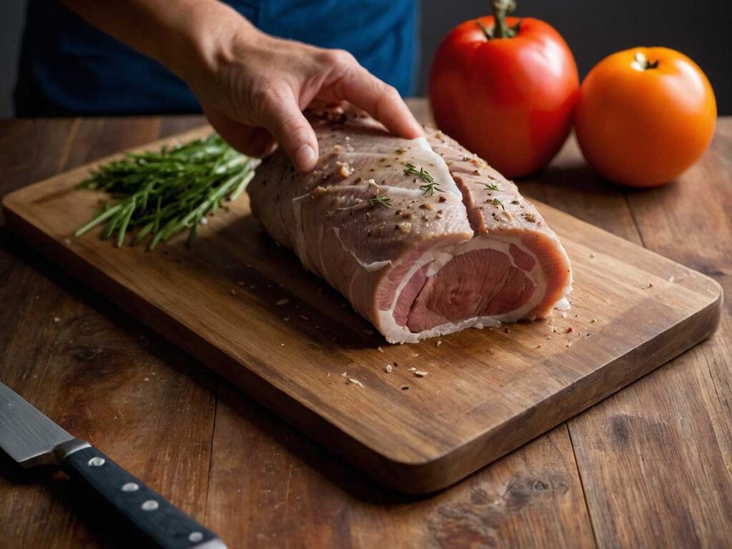 Patting the pork loin dry with paper towels to remove moisture