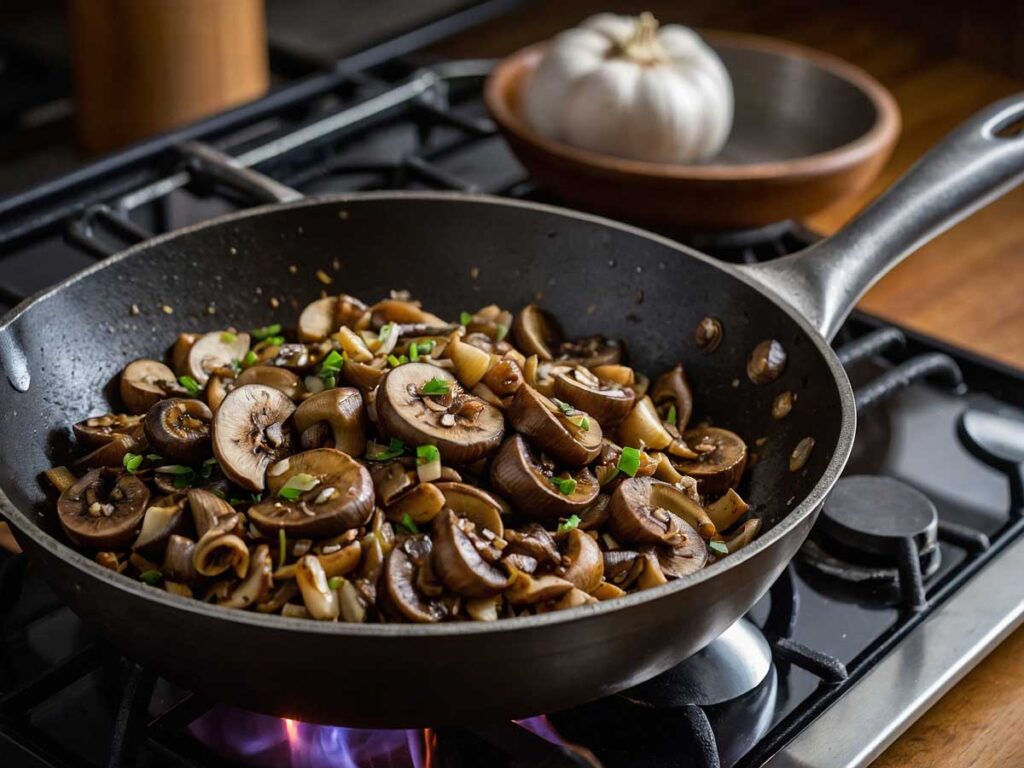 Sautéing Mushroom Stems and Garlic