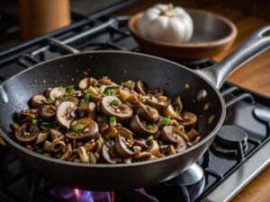 Sautéing Mushroom Stems and Garlic