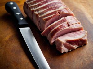 Scoring the fat cap on pork loin with a knife