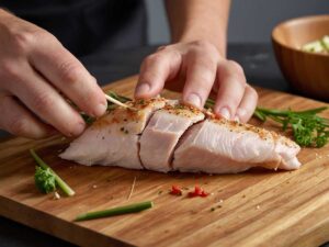 Securing stuffed chicken breast with toothpicks