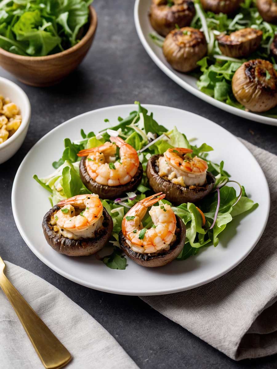 Served shrimp stuffed mushrooms with grilled chicken and salad