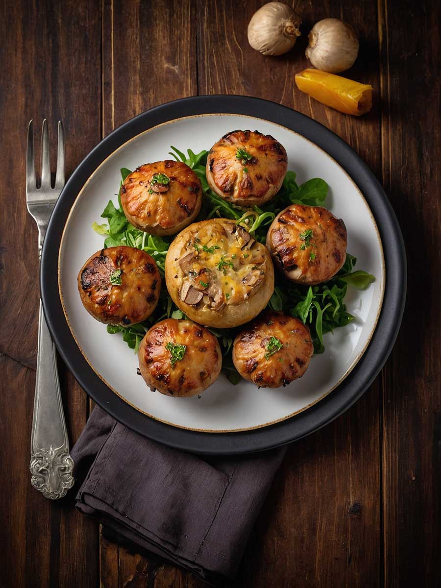 Serving Cooked Sausage Stuffed Mushrooms
