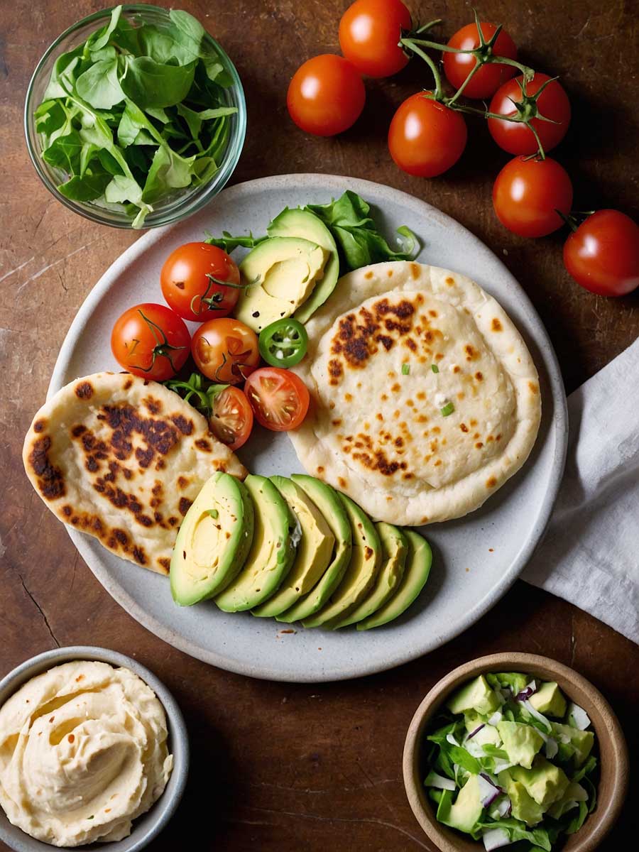 Serving cottage cheese flatbread with fresh salad, Cherry tomatoes, avocado slices