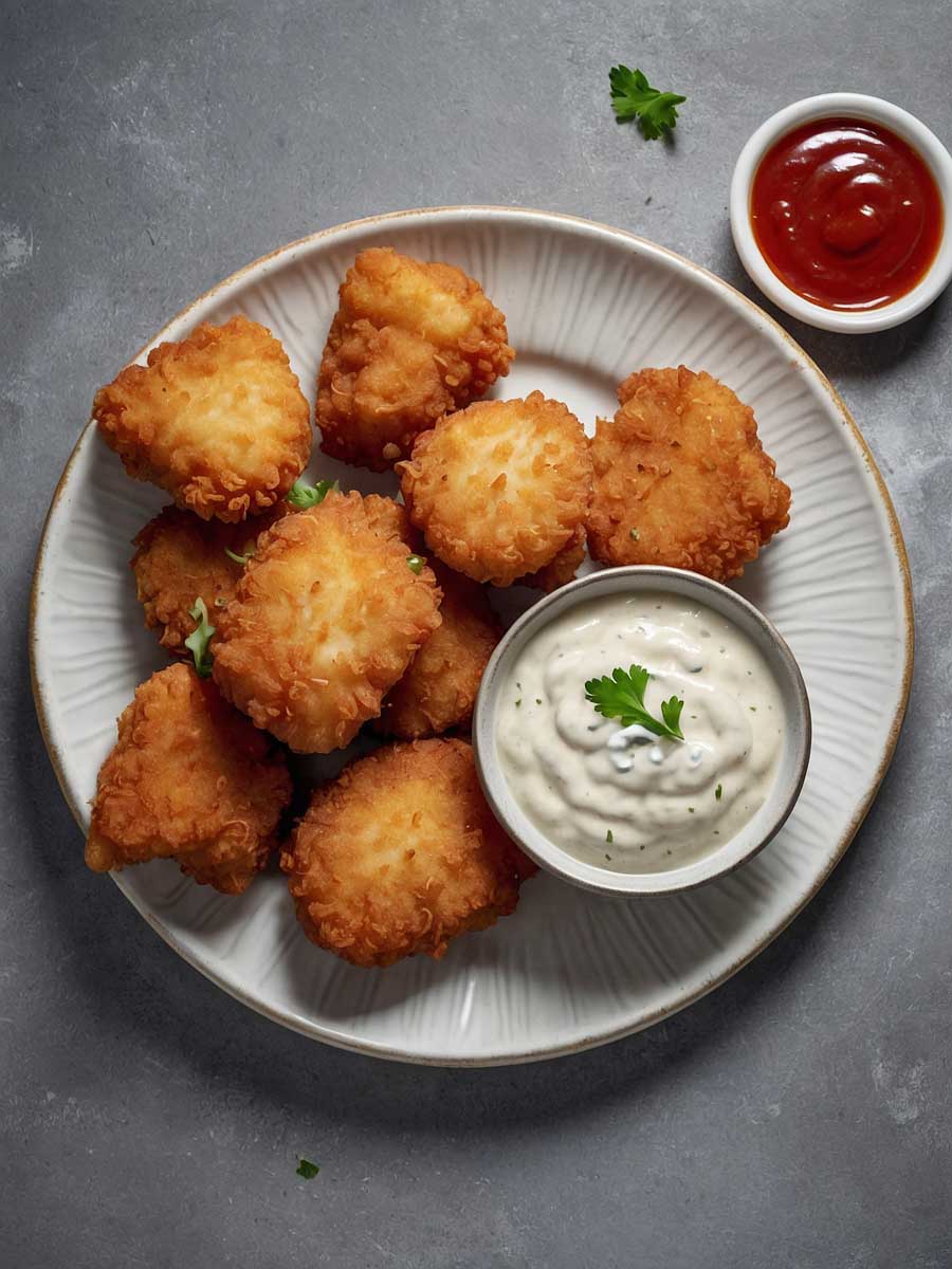 Serving air-fried fish nuggets with dipping sauces