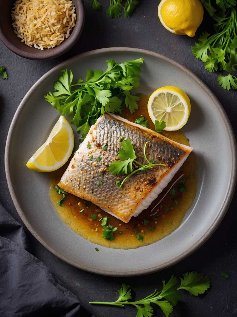 Serving barramundi fillets with parsley and lemon wedges