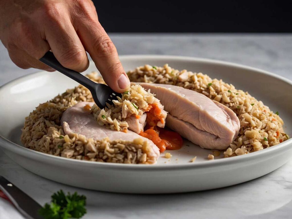 Stuffing chicken breast with spinach and cheese filling