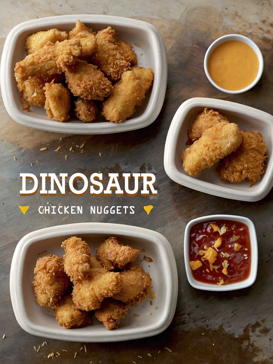 Serving Golden Dinosaur Chicken Nuggets on a plate includes a variety of sides such as fries, broccoli, carrot sticks, and a small dish of dipping sauces