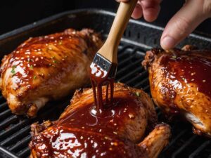 Brushing BBQ sauce onto chicken thighs