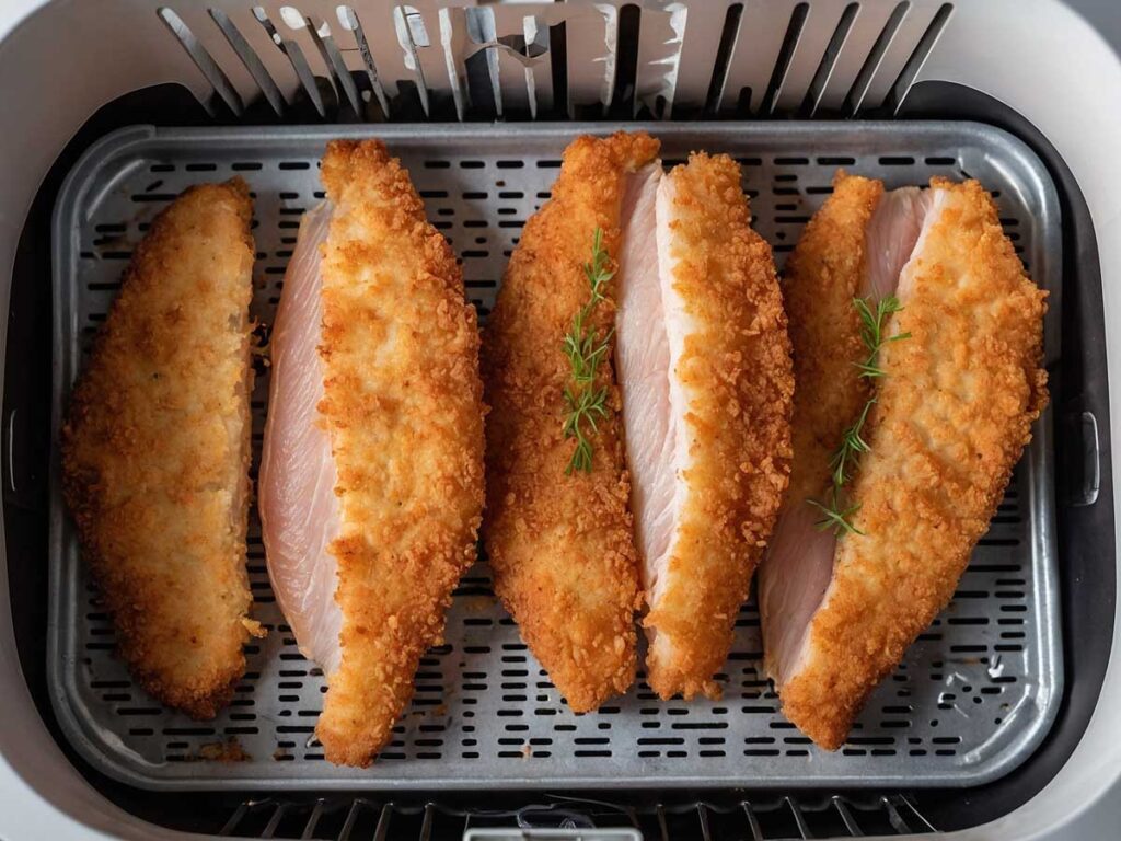 Arranging breaded fish fillets in the air fryer basket