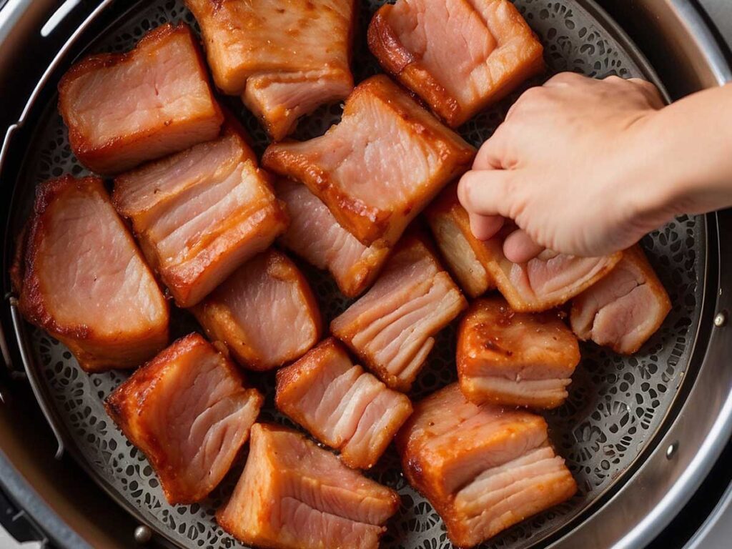 Arranging pork belly pieces in air fryer basket