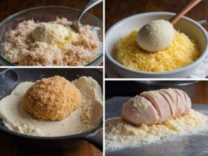 Breading chicken cordon bleu roll with flour, eggs, and panko crumbs