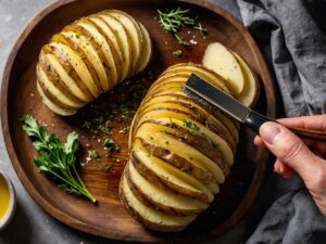 Brushing butter mixture on sliced Hasselback potato