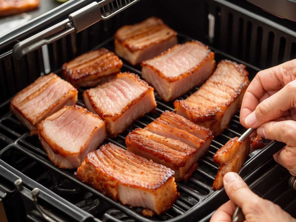 Cooking pork belly in air fryer at 400°F (200°C).