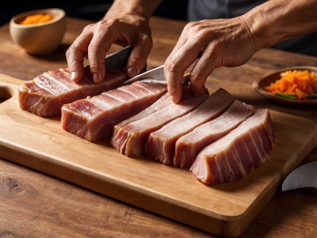 Cutting Pork Belly into Bite-Sized Pieces