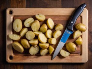 Cutting peeled potatoes into chunks