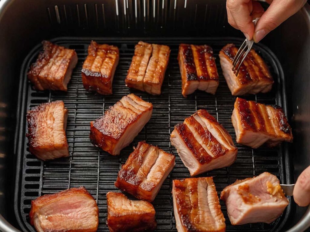 Flipping pork belly pieces halfway through cooking in the air fryer