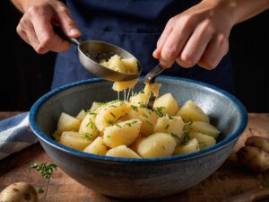 Mashing cooked potatoes in a bowl