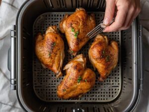 Placing chicken thighs in air fryer basket