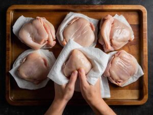 Patting chicken thighs dry with paper towels