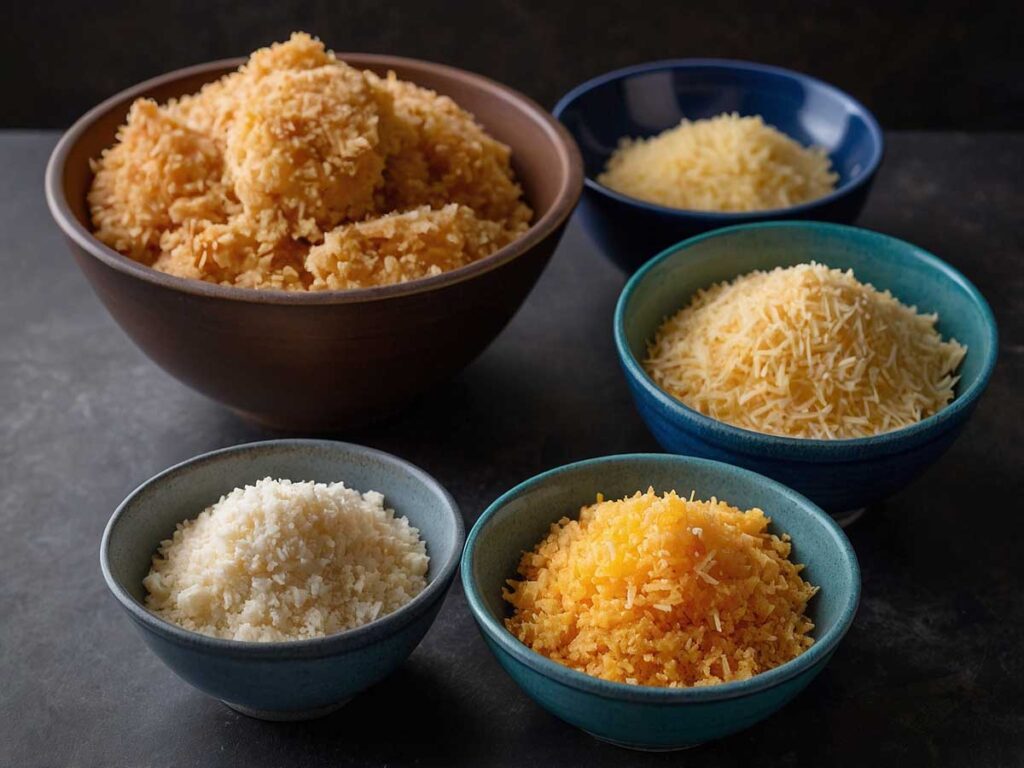 Preparing breading station with flour, beaten eggs, and panko mixture