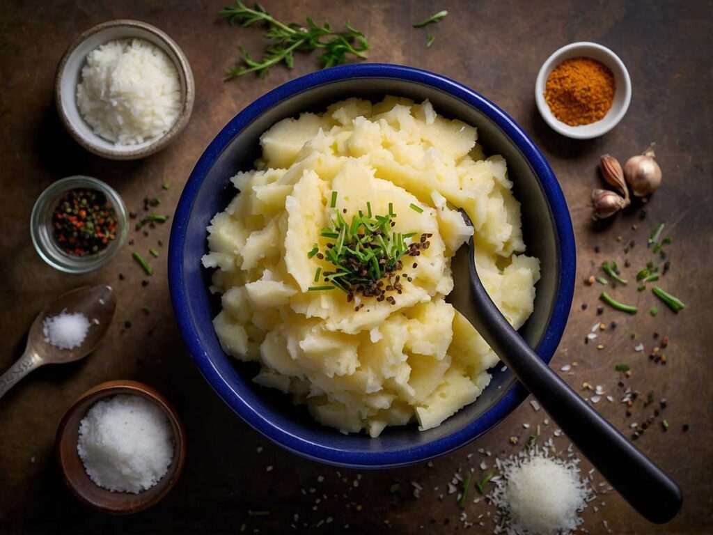 Seasoning mashed potatoes with salt, pepper, and garlic