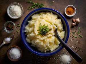 Seasoning mashed potatoes with salt, pepper, and garlic