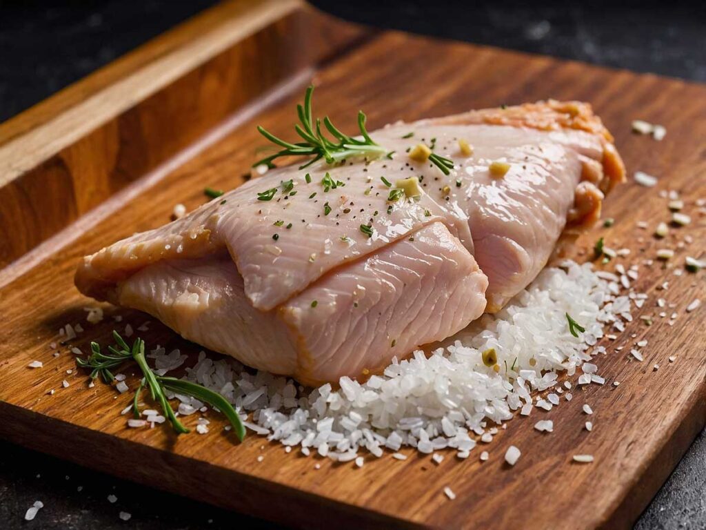 Seasoning chicken breast with salt, pepper, and garlic powder