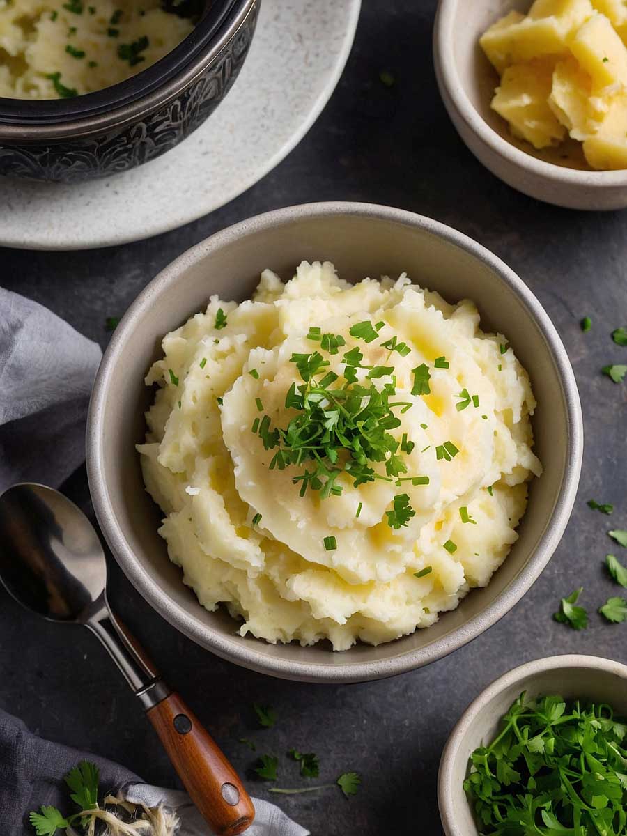 Serving Creamy Mashed Potatoes With Butter and Herbs