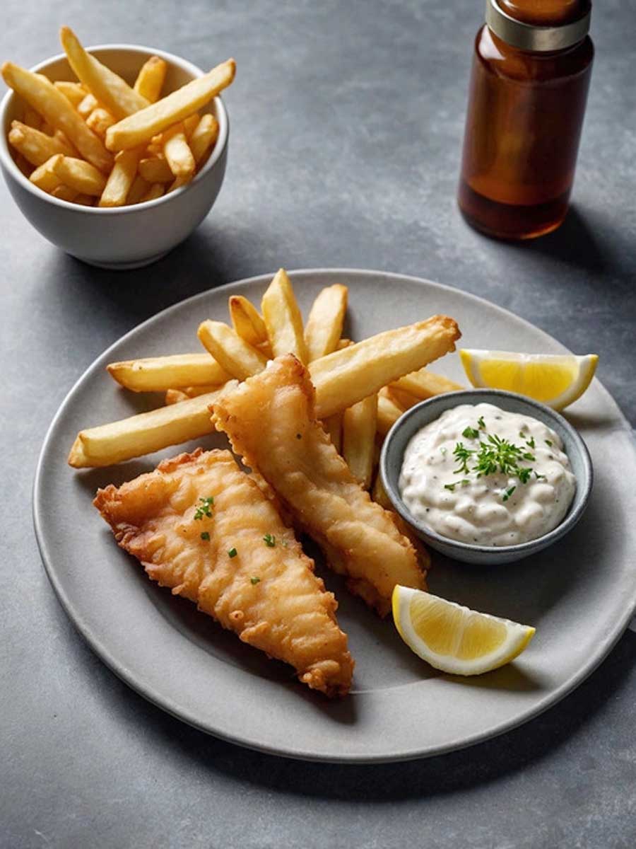 Serving air fryer fish and chips with lemon wedges and tartar sauce