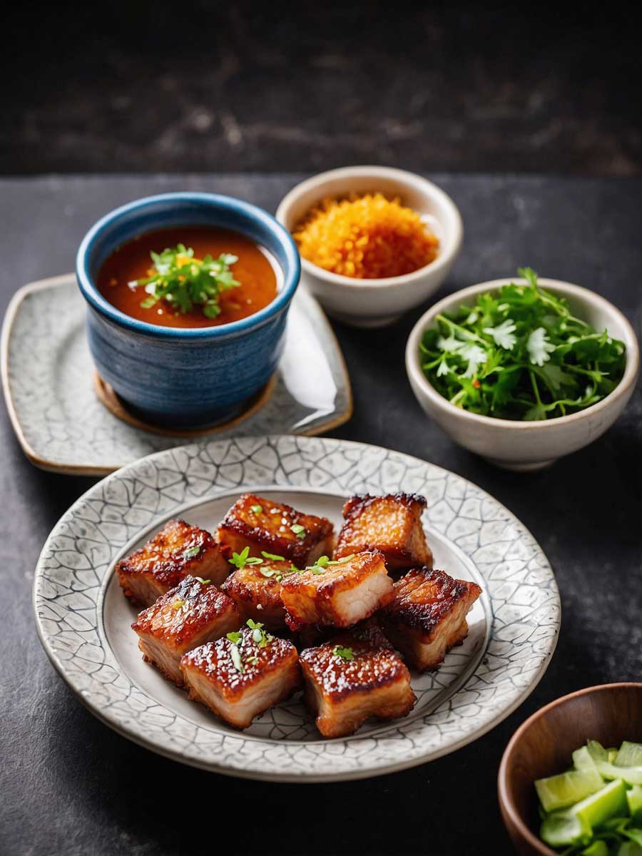 Serving crispy pork belly bites with dipping sauces