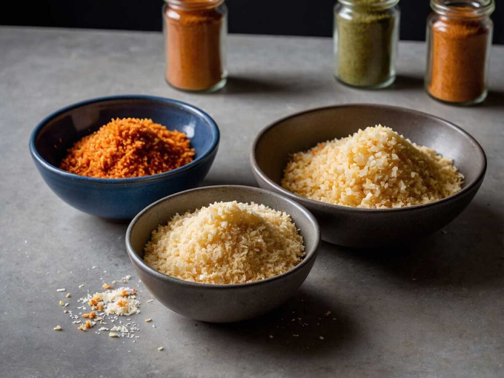 Setting up breading station with flour, beaten eggs, and panko breadcrumbs