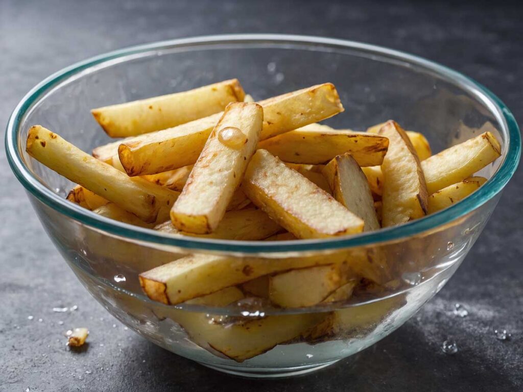 Soaking potato fries in cold water to remove starch