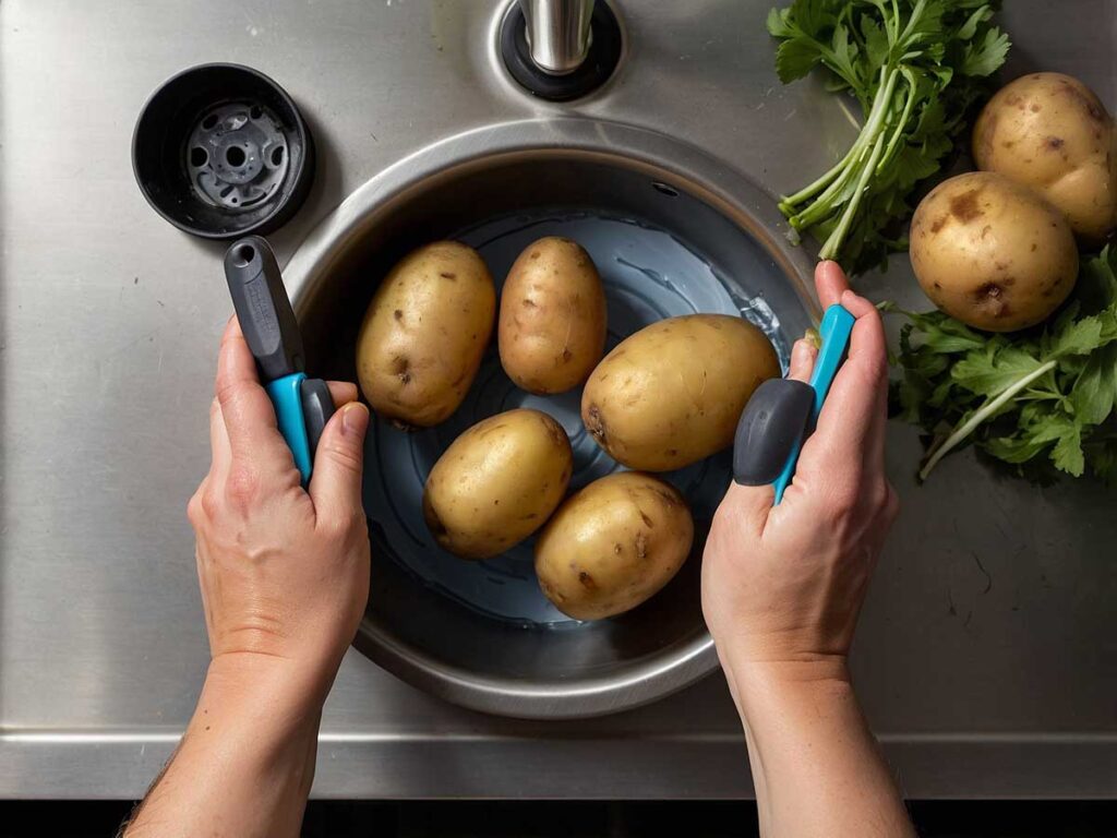 Washing and peeling russet potatoes